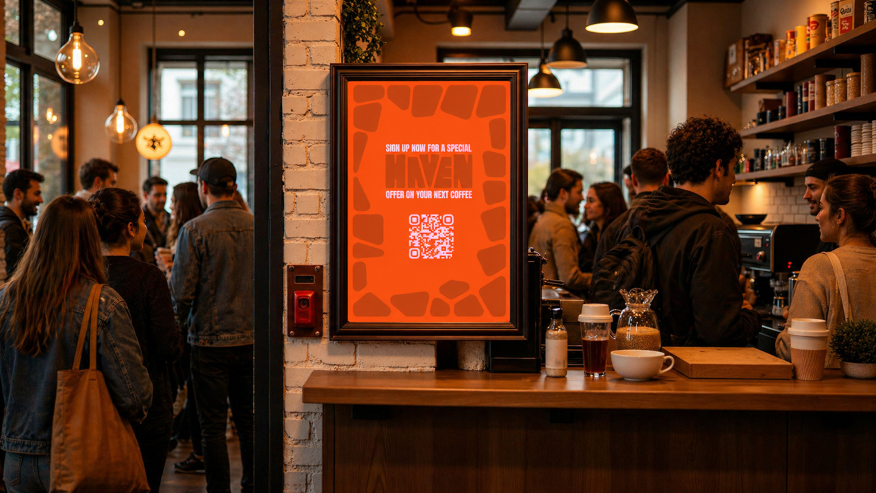 Crowded coffee shop interior with an orange promotional sign offering a special coffee discount and QR code displayed near the counter.