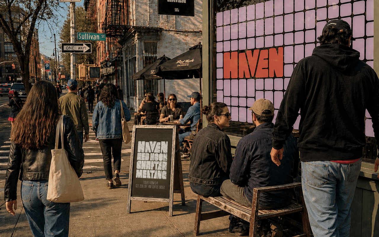 People gathered outside a storefront with large “HAVEN” window graphics and a sidewalk sign advertising a member chapter meeting.