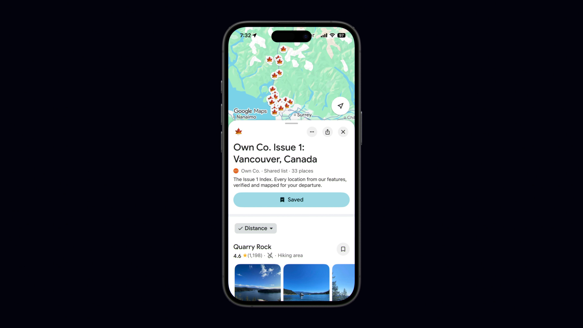 Smartphone displaying a Google Maps list titled “Own Co. Issue 1: Vancouver, Canada” with saved hiking and travel destinations pinned across the Vancouver region.