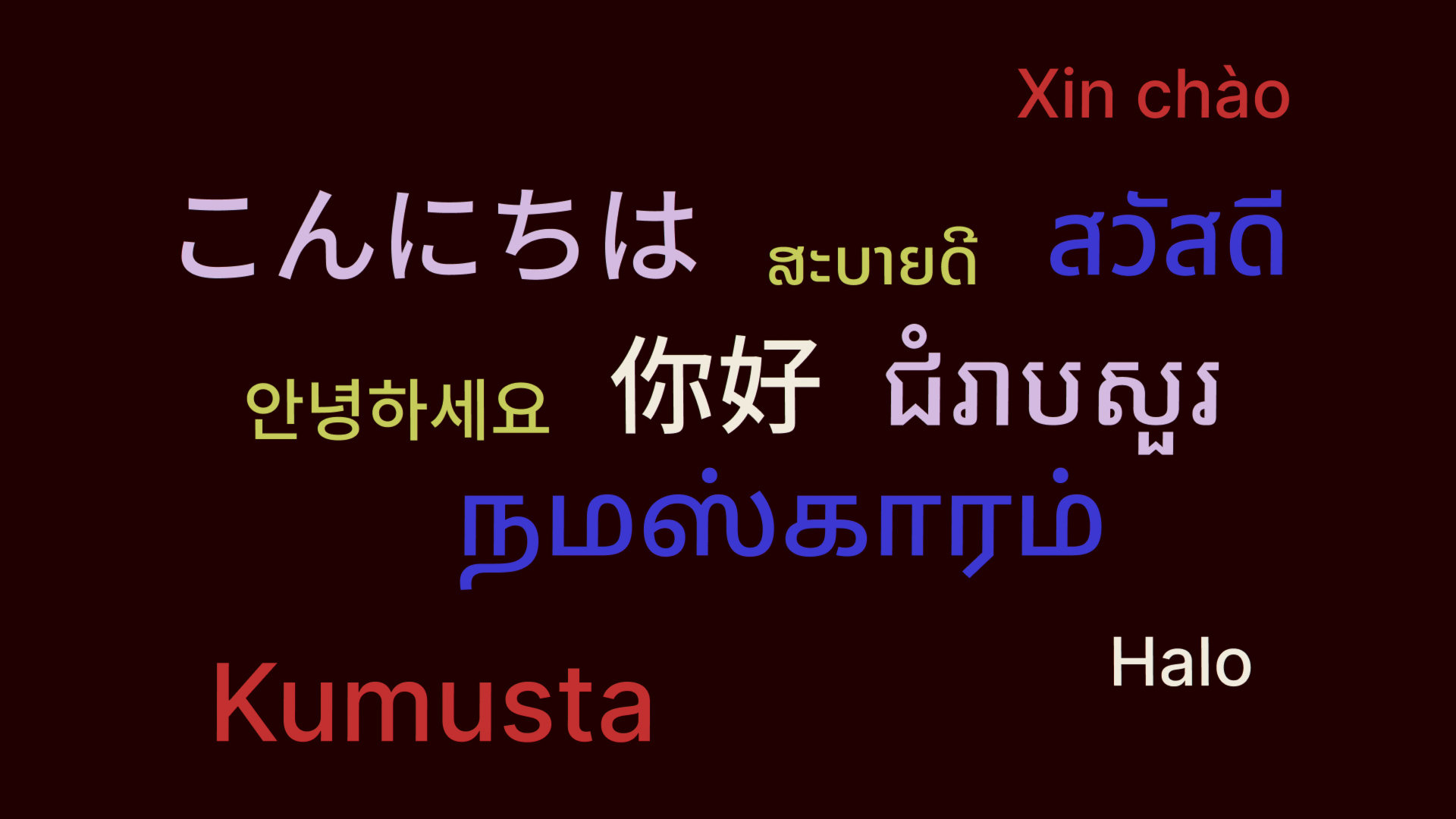 Graphic displaying the word “hello” in multiple languages and scripts on a dark red background.