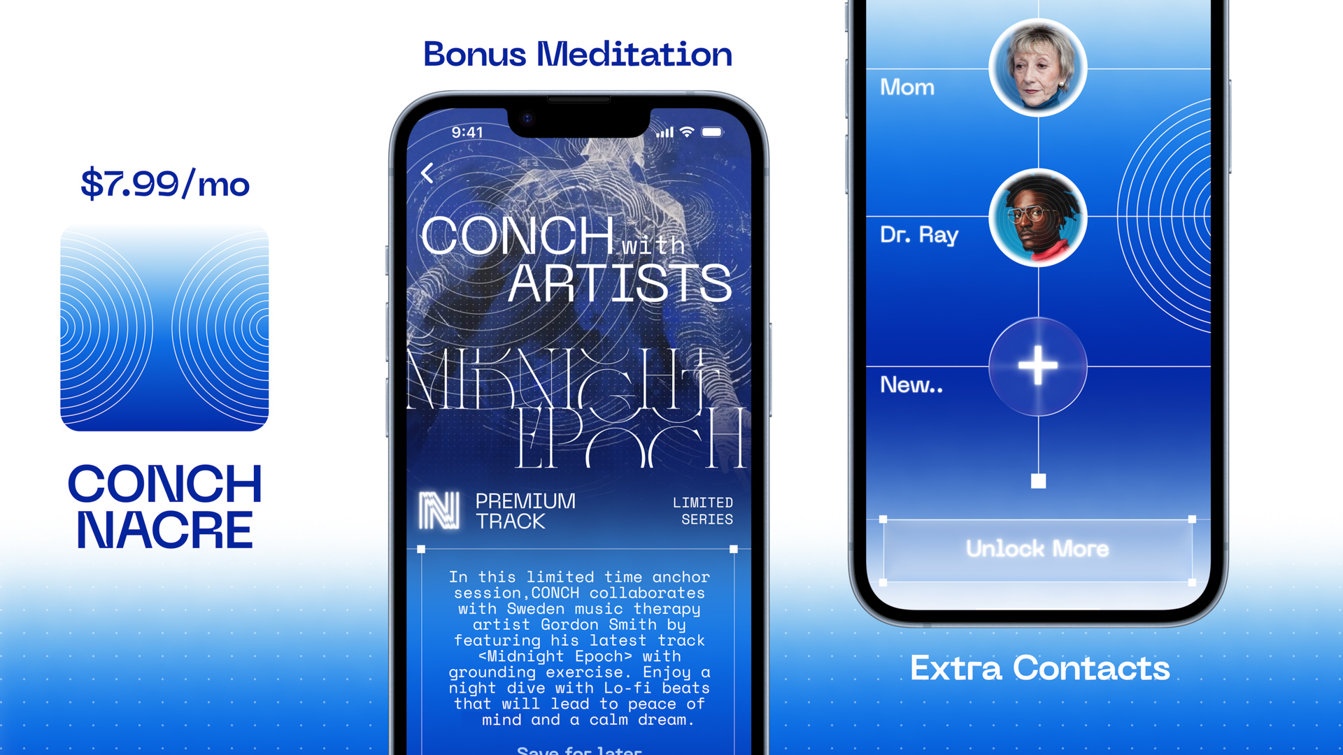 Blue-themed promotional mockups for the CONCH app showing a premium meditation subscription interface and expandable support contact network.