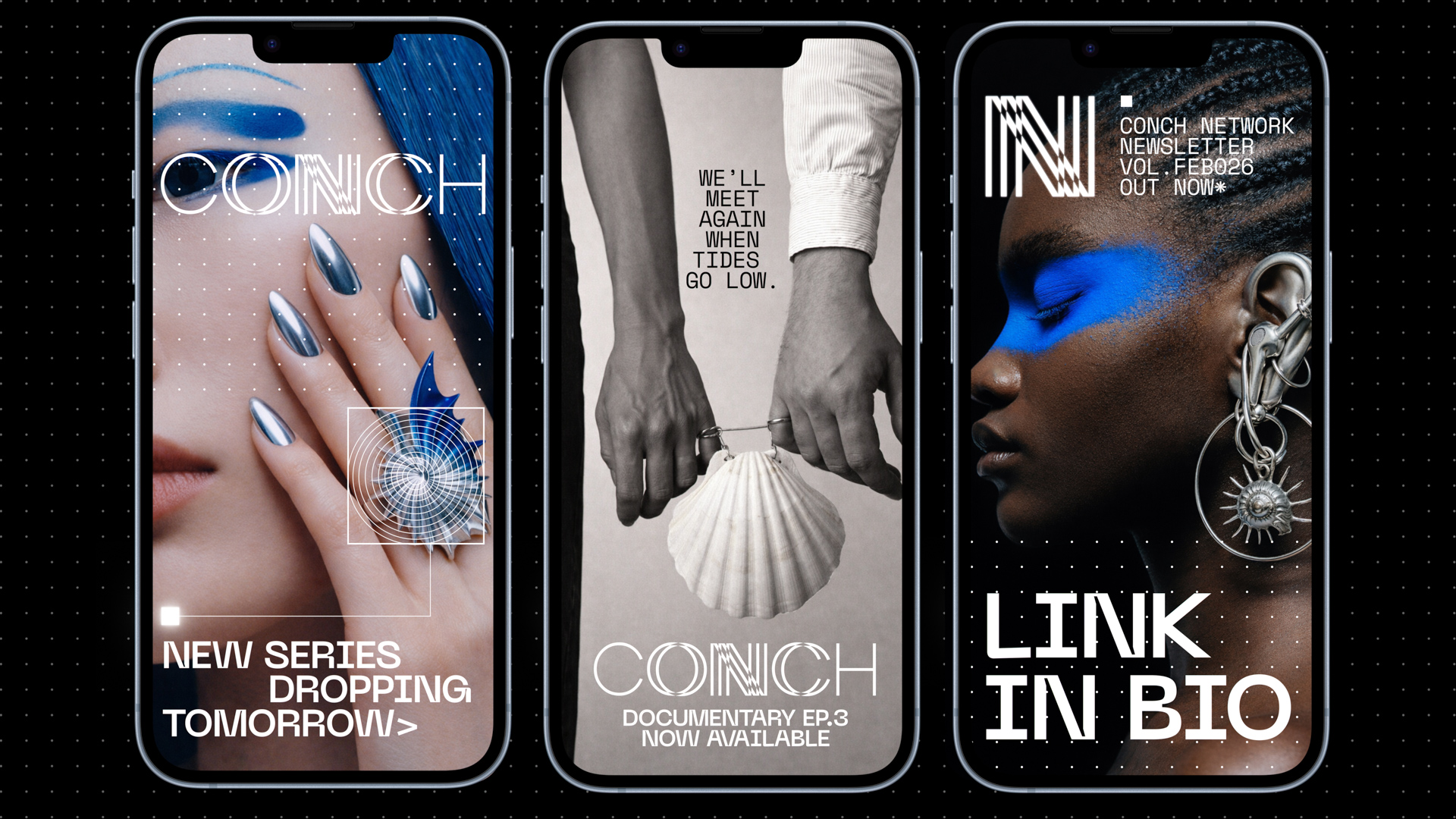 Three smartphone social media mockups featuring CONCH promotional graphics, fashion imagery, and podcast or documentary announcements in black, white, and electric blue tones.