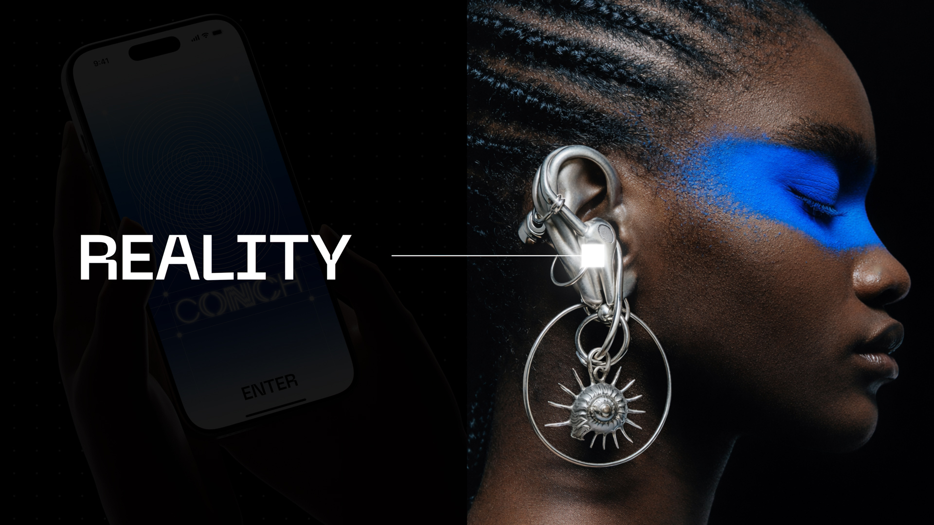 Close-up portrait of a person wearing a sculptural silver ear device and blue eye makeup beside the word “Reality” and a smartphone interface.