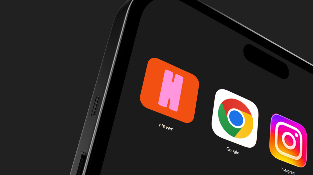 Close-up of a smartphone home screen showing the Haven app icon beside Google Chrome and Instagram icons.