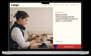Laptop mockup displaying the Largo website featuring a ceramic artist shaping clay and text about traditional wood kiln pottery in Yunnan, China.