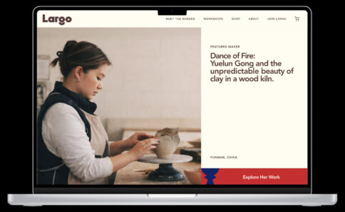 Laptop mockup displaying the Largo website featuring a ceramic artist shaping clay and text about traditional wood kiln pottery in Yunnan, China.