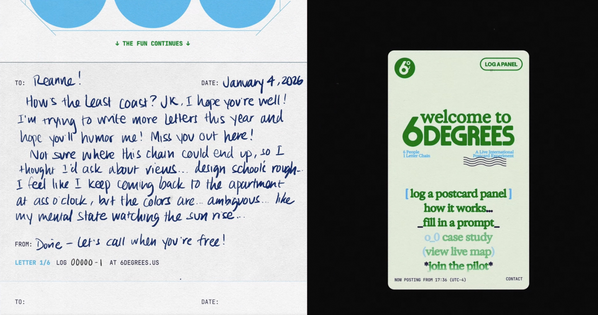 Close-up of a handwritten postcard dated January 4, 2026, next to a mobile interface for the 6 Degrees live postcard experiment.