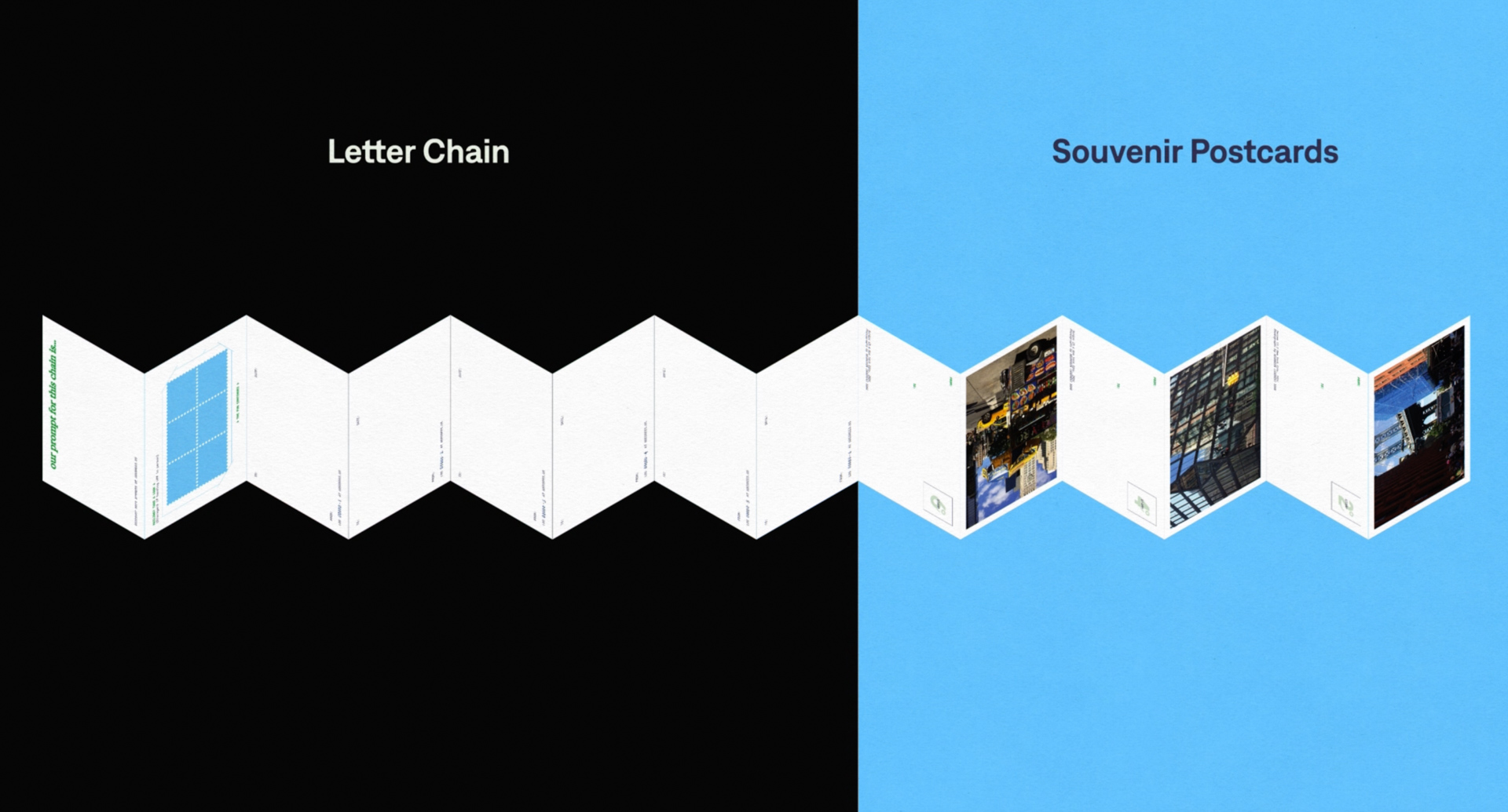 Accordion-fold postcard layouts displayed against black and blue backgrounds, labeled “Letter Chain” and “Souvenir Postcards.”