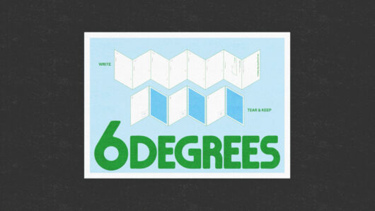 Poster-style graphic showing the foldable postcard design system and bold green “6 Degrees” branding.