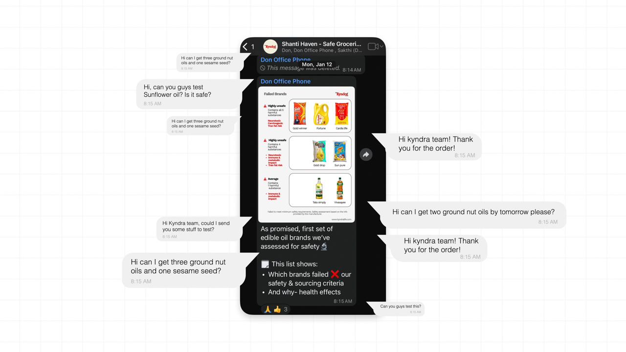 Messaging interface showing customer requests about cooking oils surrounding a central smartphone screenshot displaying an edible oil safety assessment and failed brand rankings.