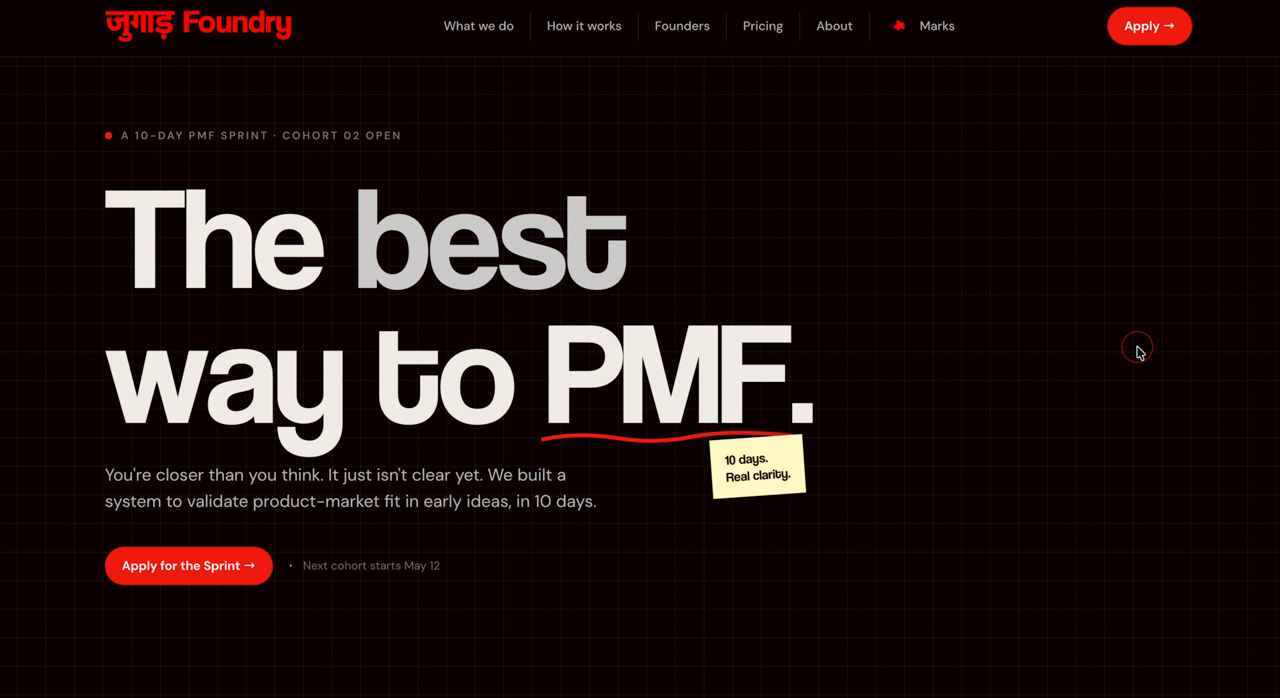 Dark-themed Jugaad Foundry landing page with large text reading “The best way to PMF” and a call-to-action button for a 10-day startup sprint.