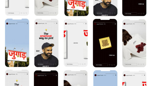 Grid of Instagram story mockups featuring Jugaad Foundry branding, startup slogans, mentor portraits, and minimalist promotional graphics.