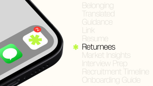 Close-up smartphone graphic displaying the Nexus app icon alongside keywords related to career support for returnees, including resumes, interviews, and onboarding.
