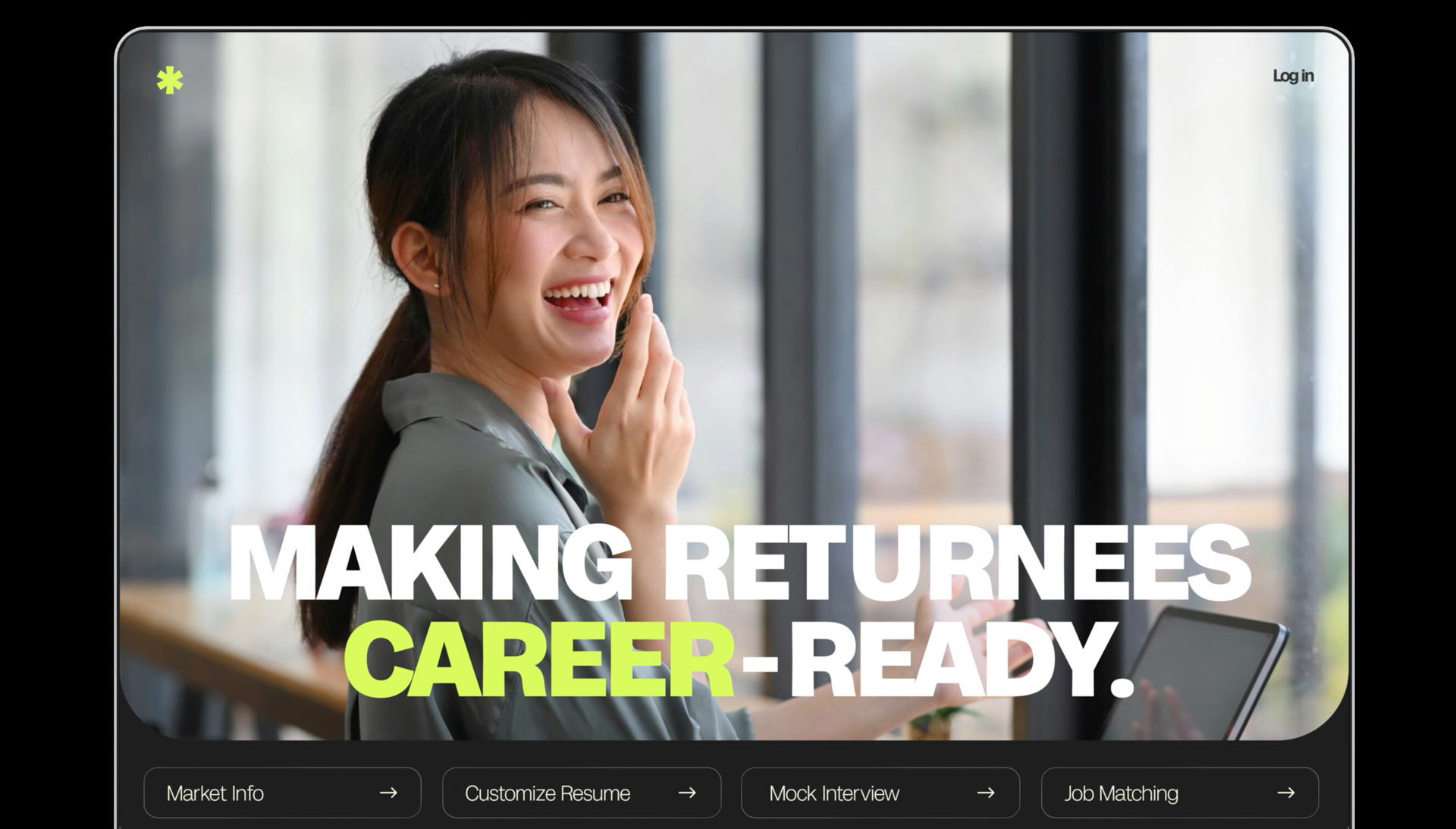 Landing page mockup showing a smiling woman with large text reading “Making Returnees Career-Ready” and navigation buttons for career preparation tools.