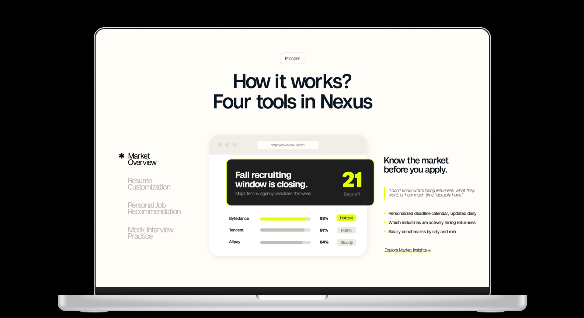 Laptop mockup displaying the Nexus platform interface with a market overview dashboard and information about recruiting timelines and hiring insights.