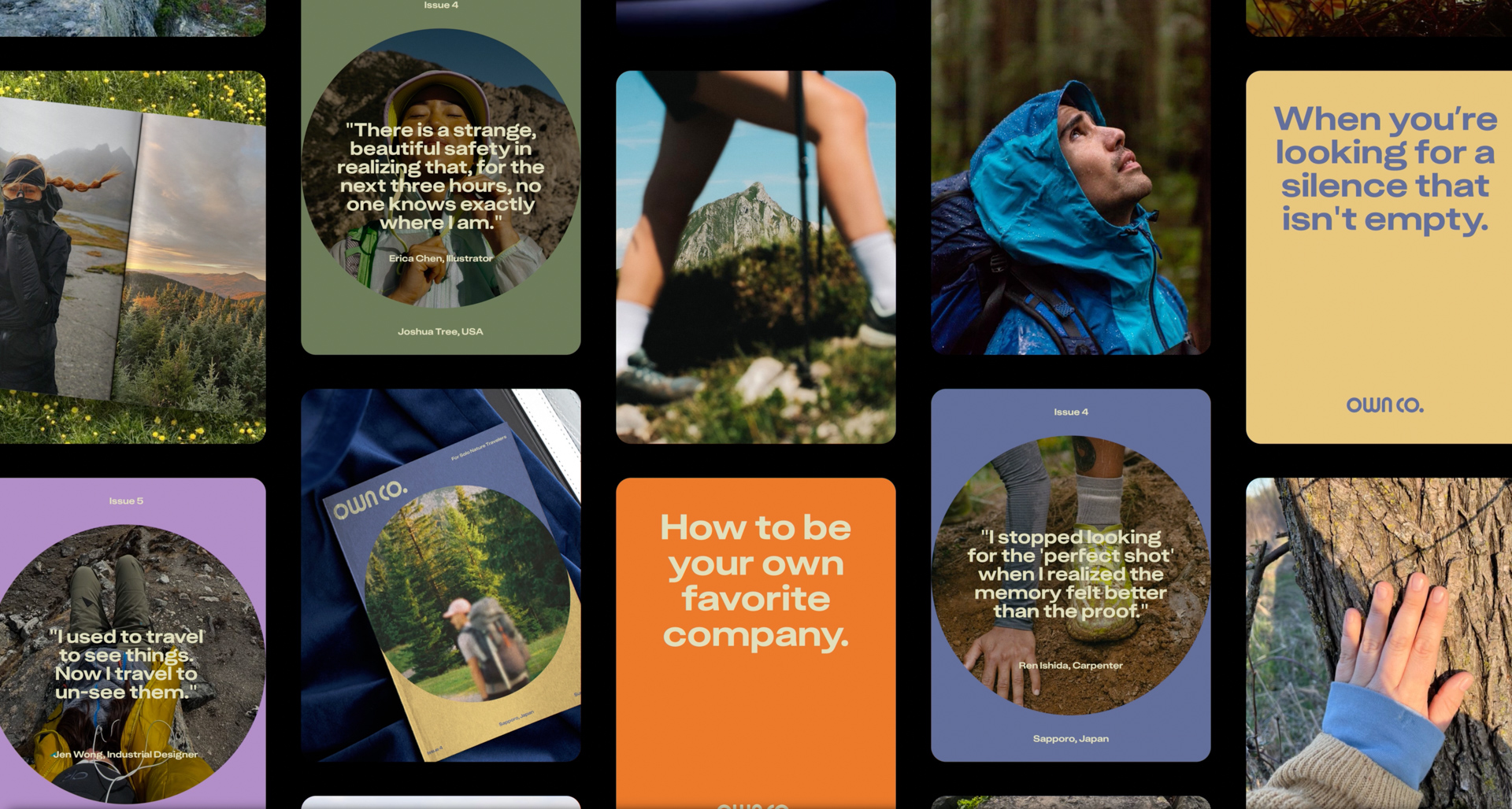 Collage of Own Co. outdoor lifestyle branding featuring hikers, nature photography, inspirational travel quotes, and colorful editorial-style layouts.