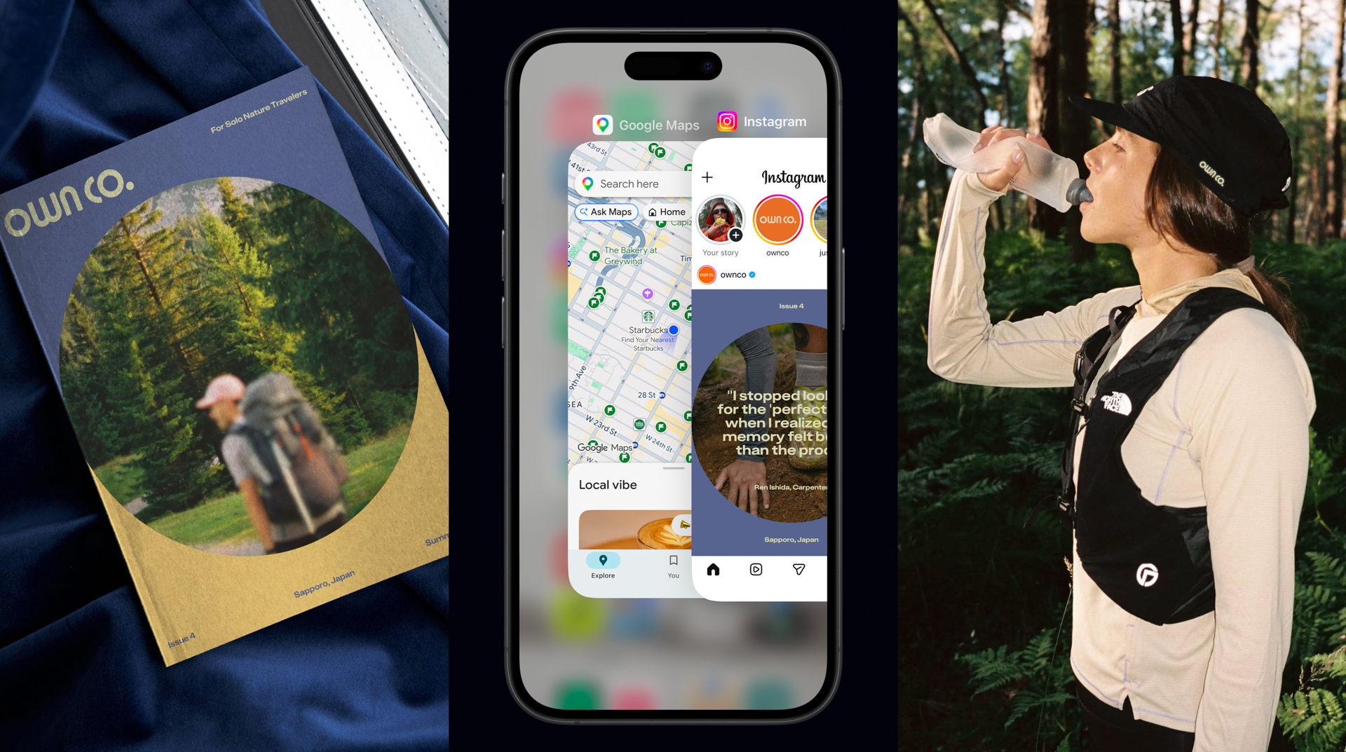 Split-screen composition showing an Own Co. travel magazine, smartphone app interfaces, and a woman drinking water while hiking in a forest.