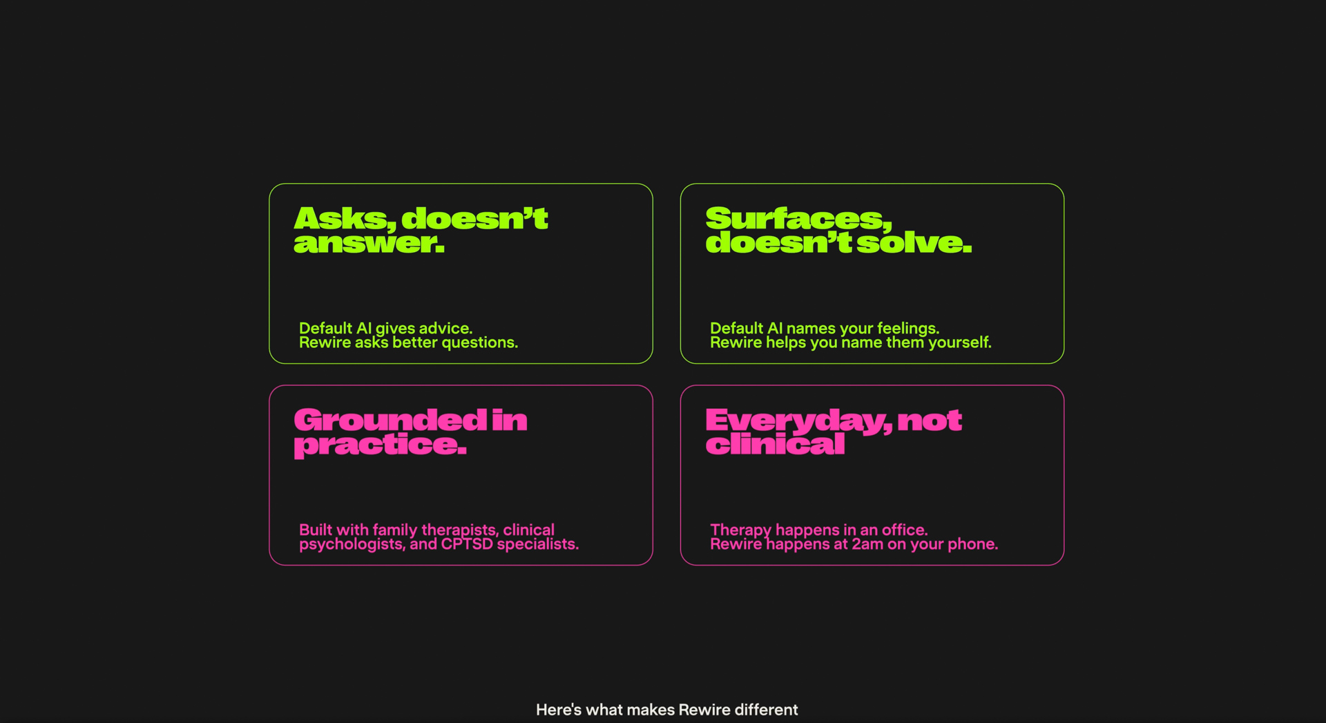 Grid of neon-colored cards outlining Rewire’s philosophy, including phrases like “Asks, doesn’t answer” and “Everyday, not clinical.”