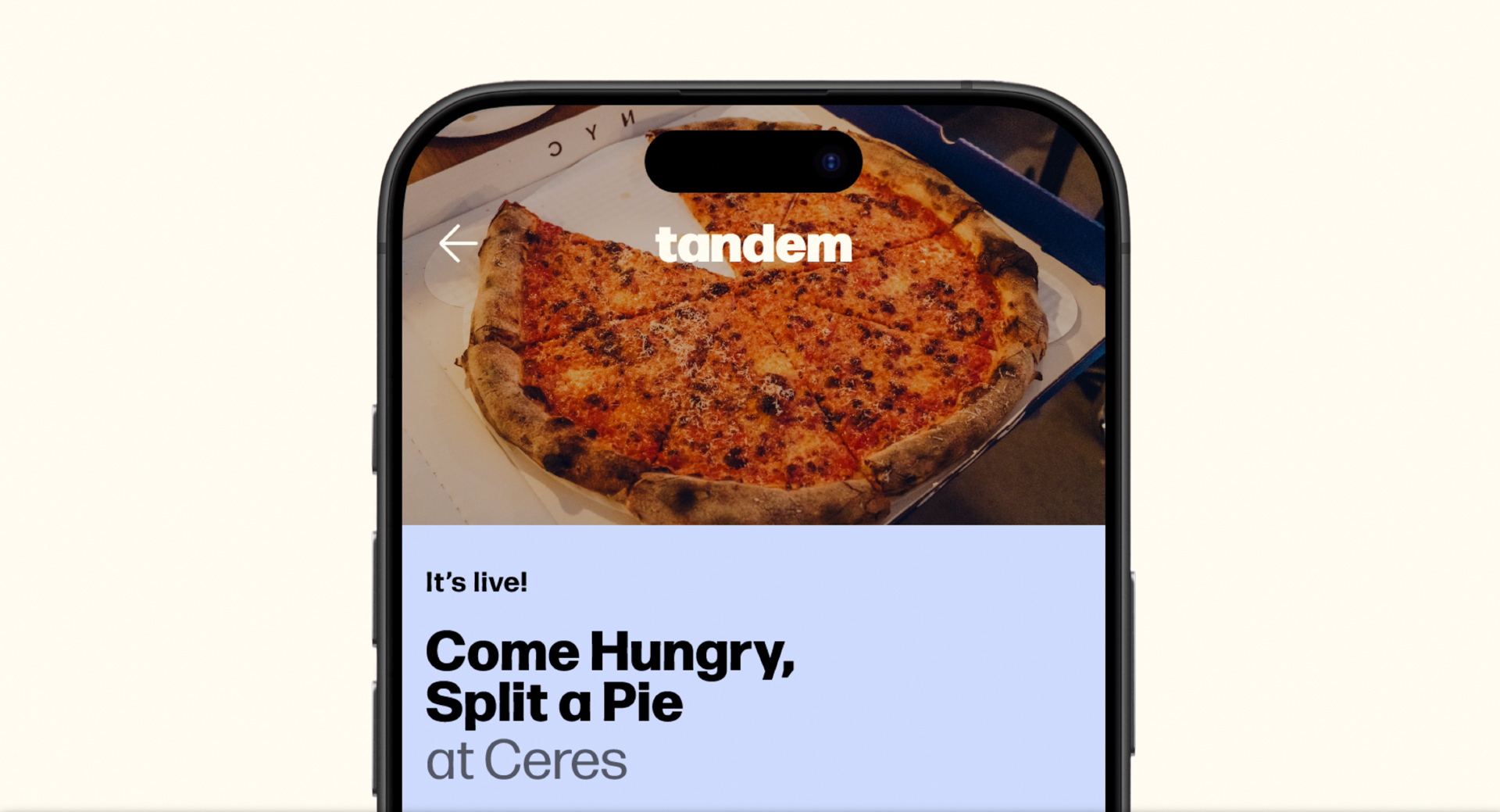 Smartphone mockup showing a Tandem event page for sharing pizza at Ceres NYC.