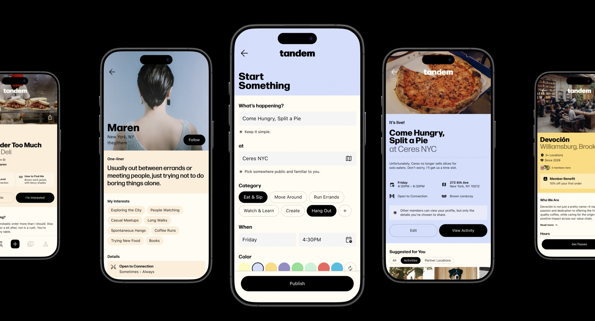 Collection of smartphone screens displaying different Tandem app features including profiles, event creation, and community activities.