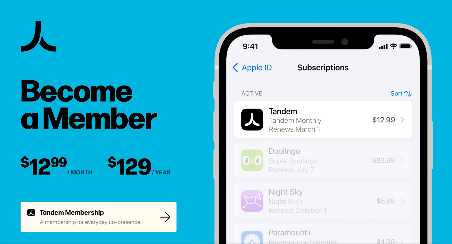Bright blue membership advertisement showing Tandem subscription pricing beside a smartphone subscription screen.