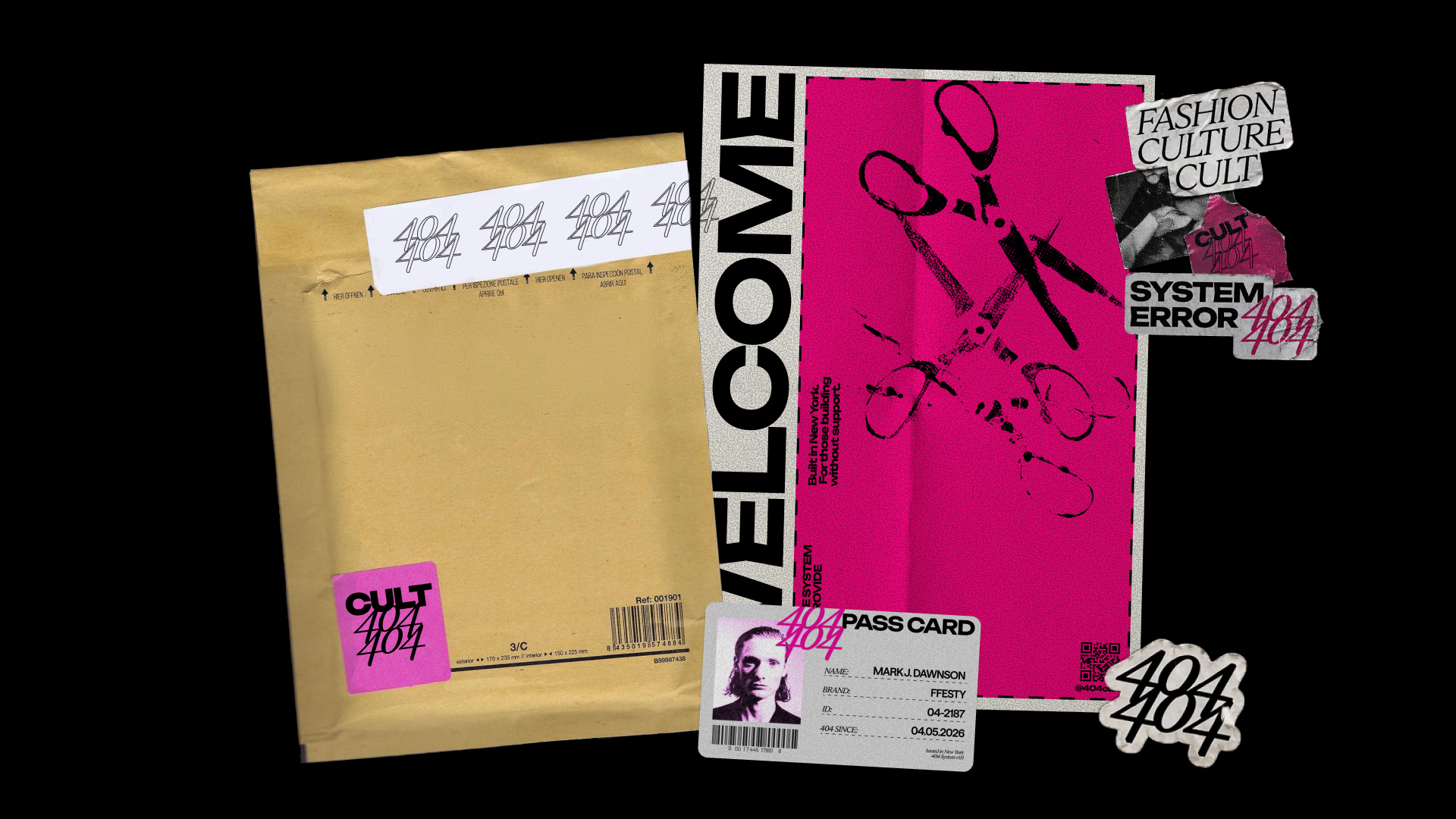 Collage of branded fashion promotional materials including a mailer envelope, poster, pass card, stickers, and graphics with “404,” “WELCOME,” and “SYSTEM ERROR” text in black and neon pink.