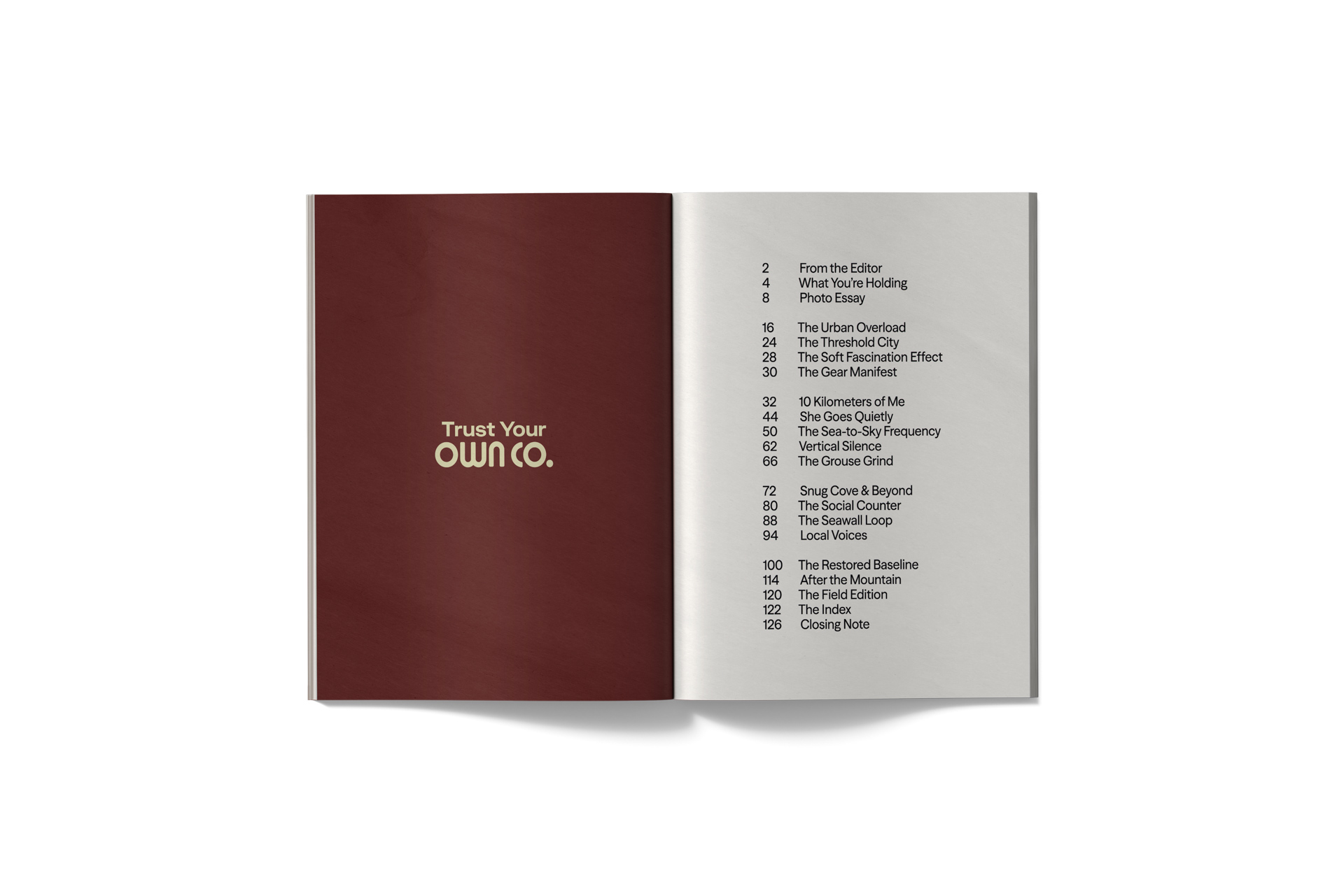 Minimalist magazine table of contents spread with the phrase “Trust Your Own Co.” on the left page and article listings on the right.