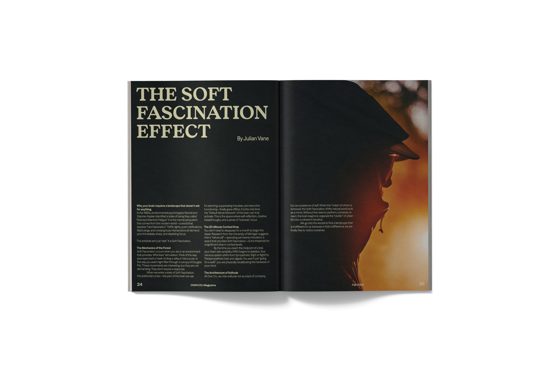 Magazine spread titled “The Soft Fascination Effect” with editorial text beside a silhouetted portrait lit by warm sunset light.