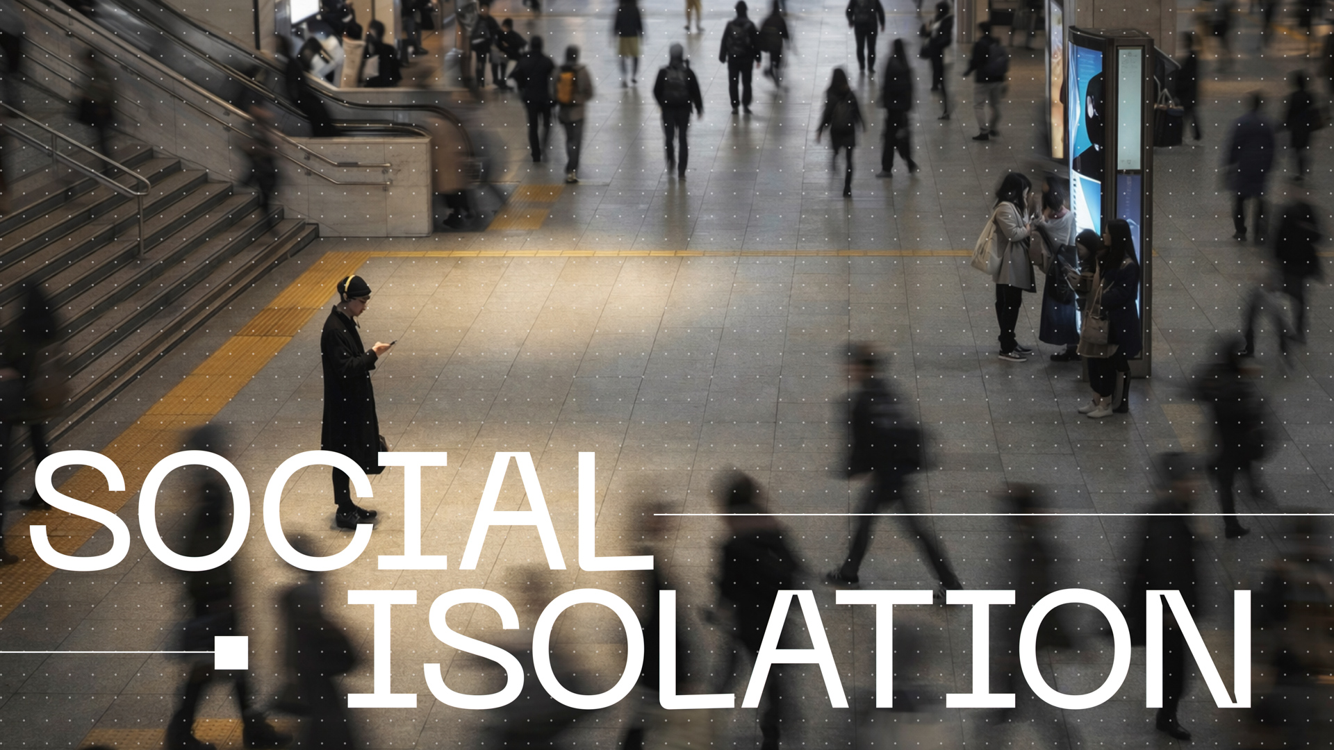 Wide public transit concourse with blurred commuters and large overlay text reading “Social Isolation.”