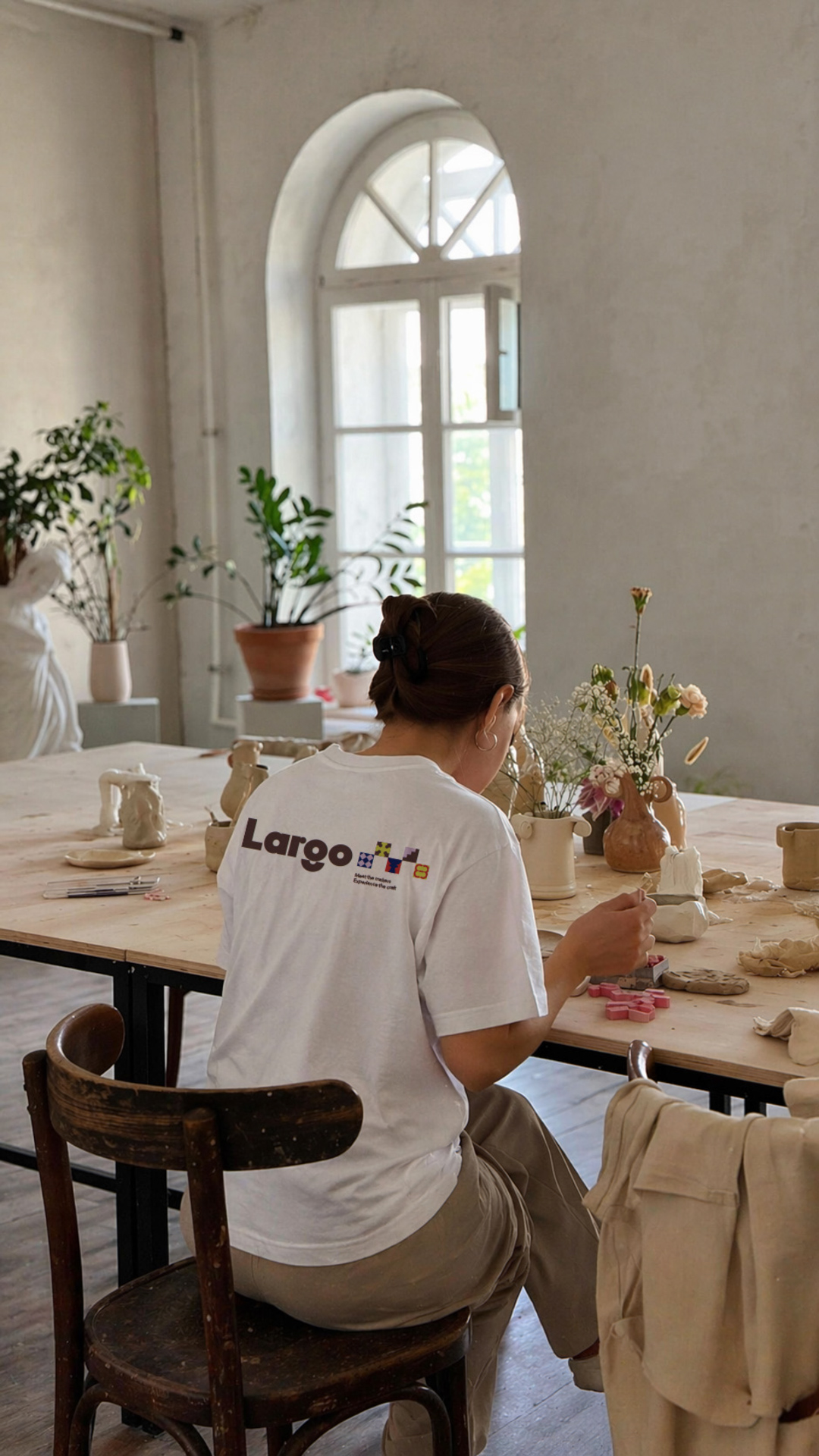 Person seated at a pottery workshop table wearing a white Largo T-shirt while working with clay in a bright studio space.