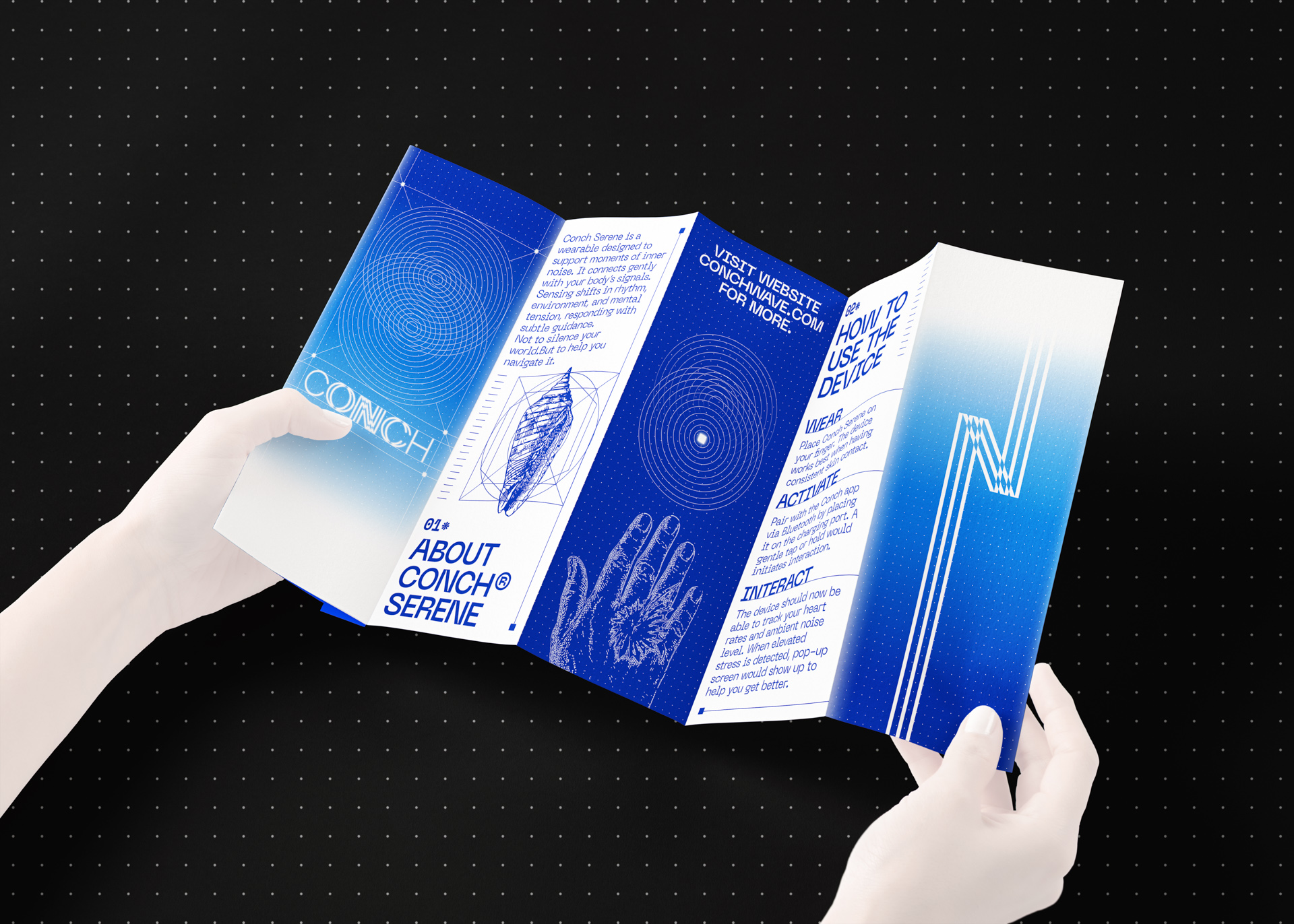 Illustrated foldout brochure for the CONCH wearable device held open by two hands against a black background.