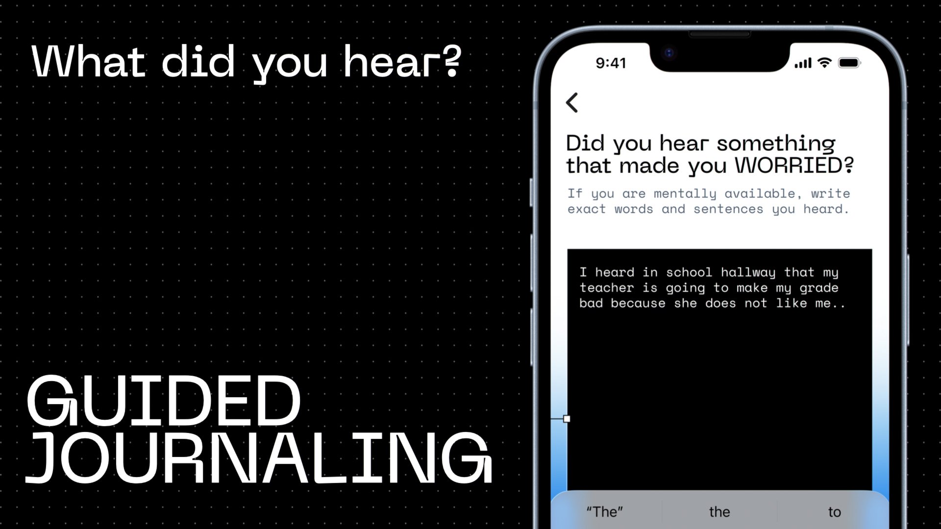 Smartphone interface for a guided journaling app prompting users to write about distressing things they have heard, with bold “Guided Journaling” text on a black background.
