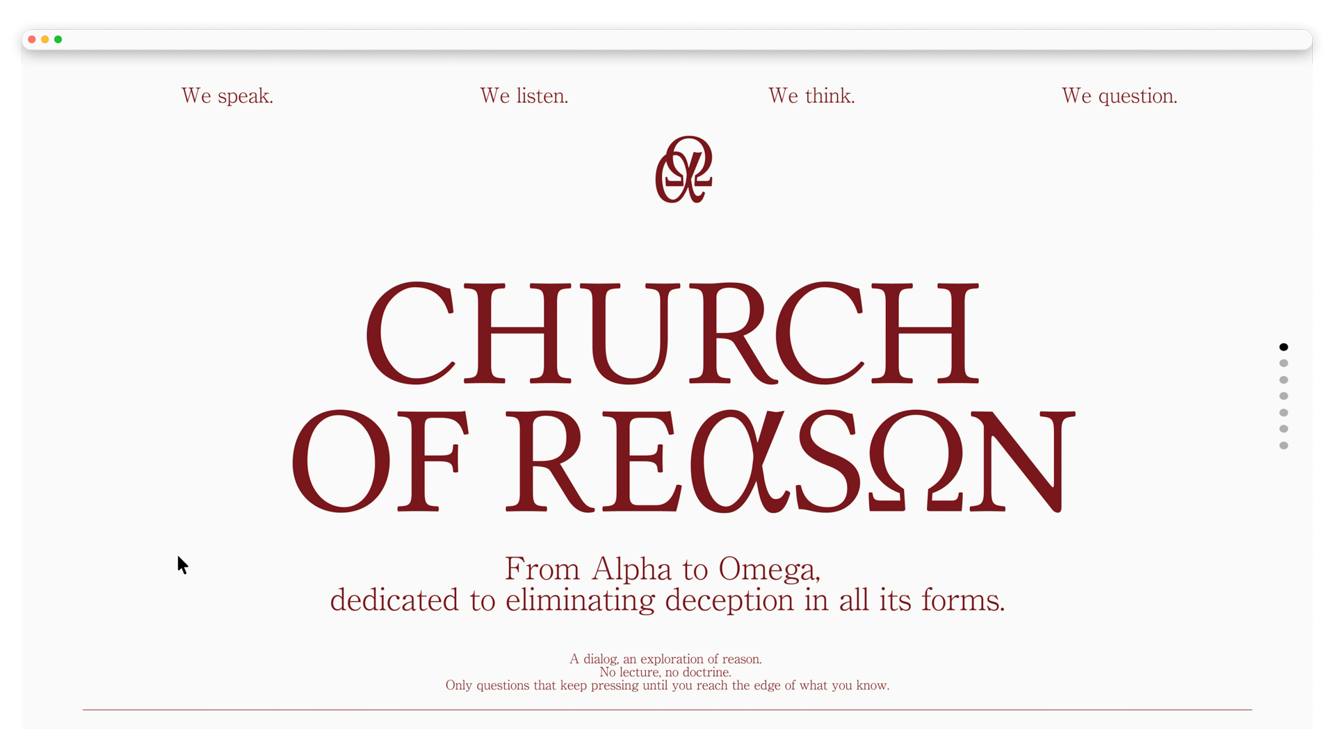 Website homepage design for “Church of Reason” featuring large serif typography and the text “We speak. We listen. We think. We question.” on a minimalist white background.