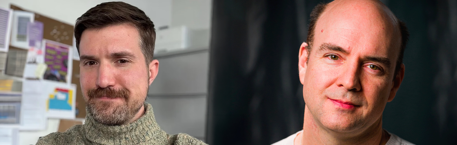 headshots of two men, one with a beard, both looking at camera